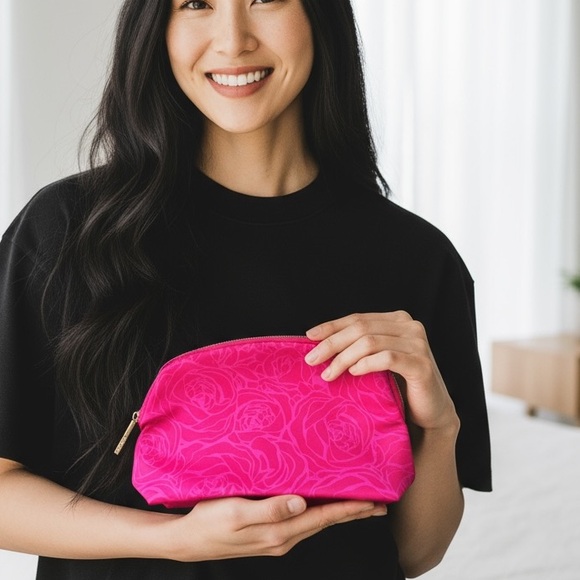 NWT Lancôme Hot Pink Floral Cosmetic Bag - Picture 1 of 9